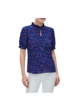 Banana Republic NWT blue patterned shortsleeved ruffle blouse top Extra Large